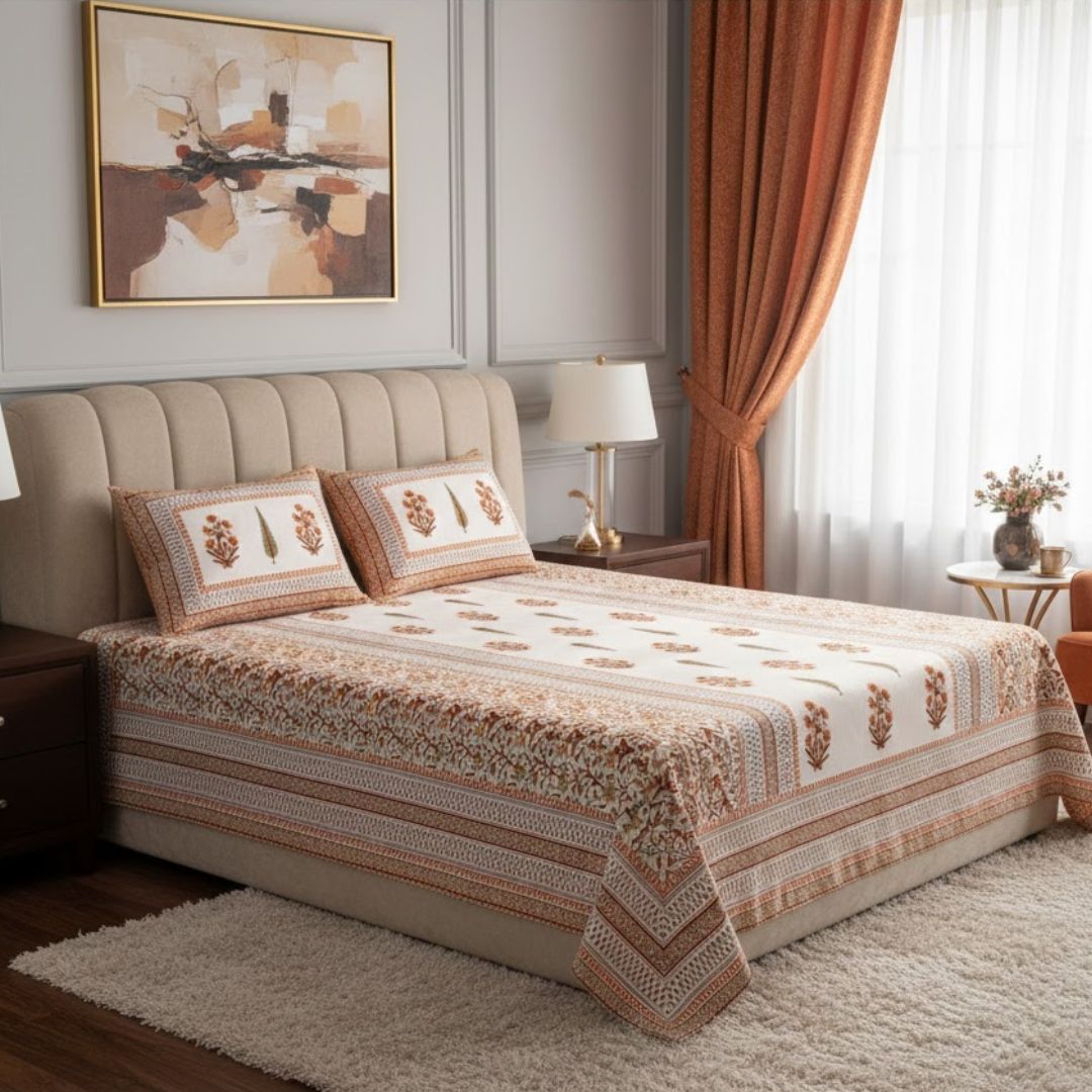 Serene Symmetry PeachBlock Print Pure Cotton Double Bedsheet